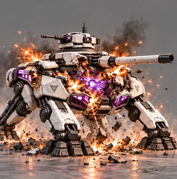 Concept art: the walker takes a hit, plates blowing off in fire and sparks.