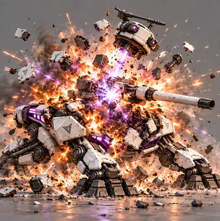 Concept art: the hull blows apart in a violet-white Flux burst, the cupola flying clear.