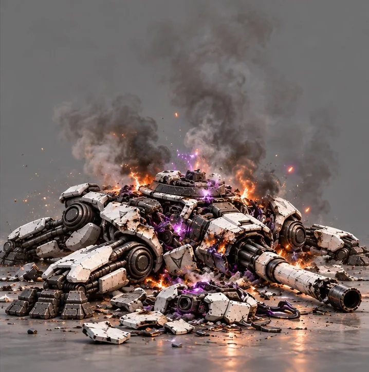 Concept art: a smoking wreck, still glowing violet in the debris.
