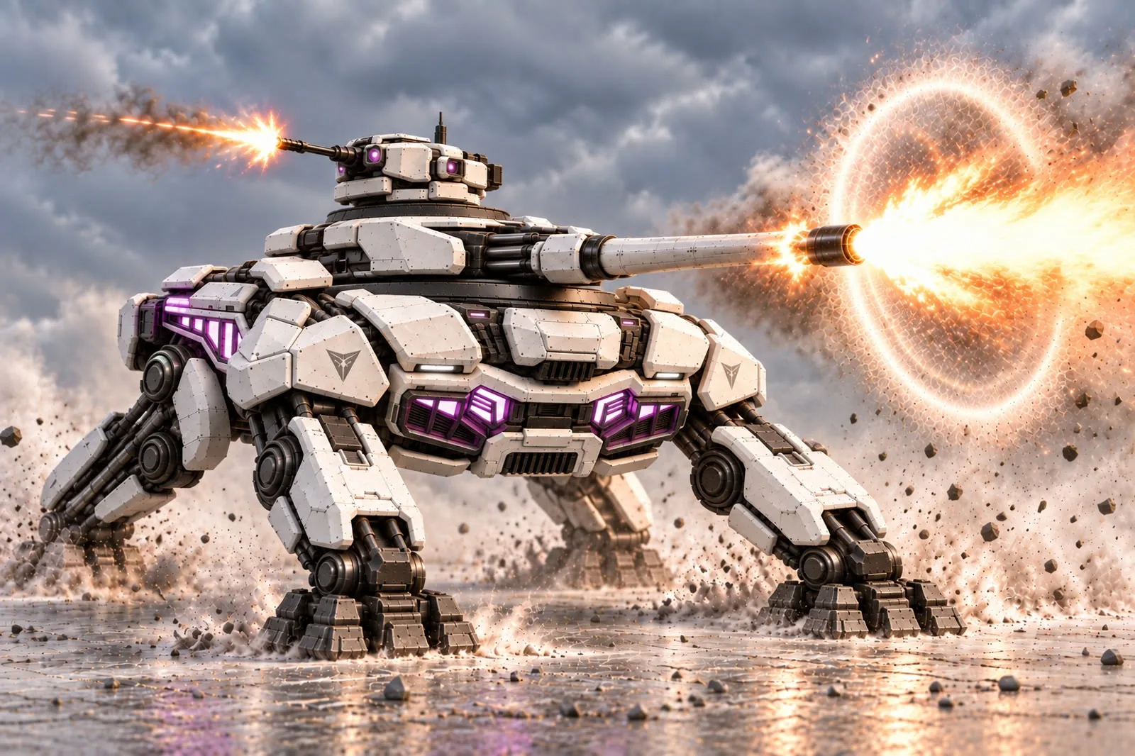 Concept art: the walker firing its main cannon in a ring of dust and flame while the cupola autocannon fires too.