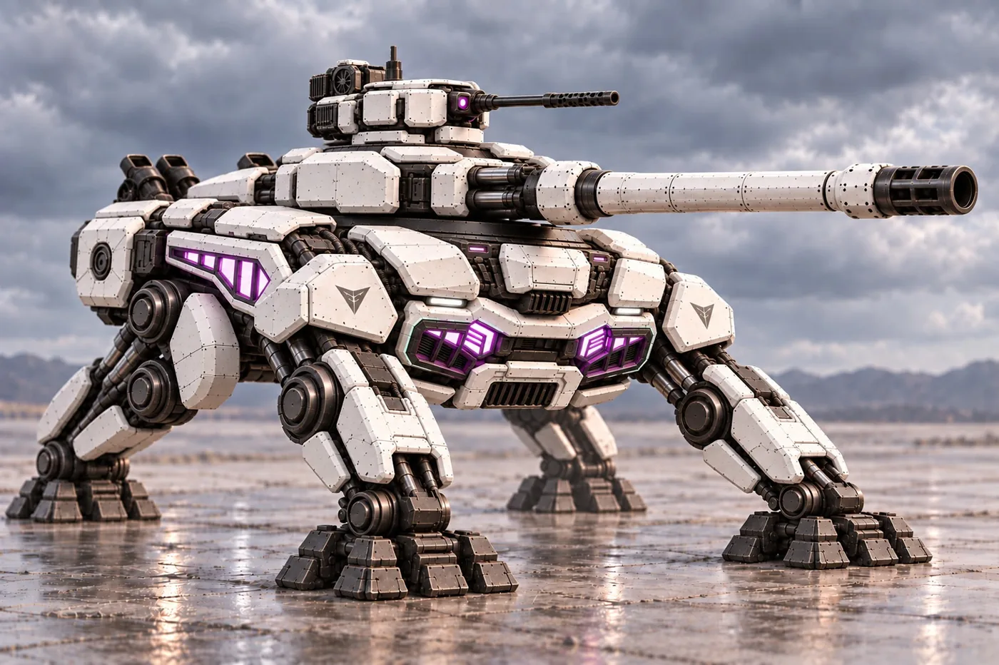 Concept art: a fully upgraded walker standing on a salt flat.