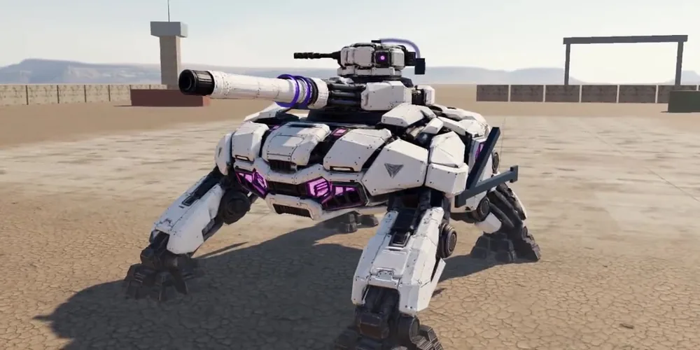 In-engine capture: the Rank II walker with hull struts, a cannon brace and a faint glow.