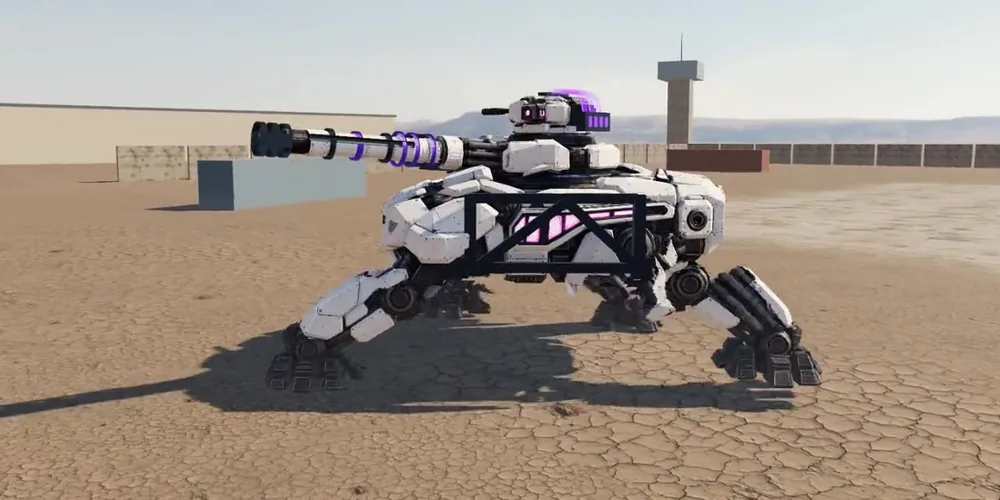 In-engine capture: the Rank III walker with full bracing, coolant jackets and a muzzle brake.