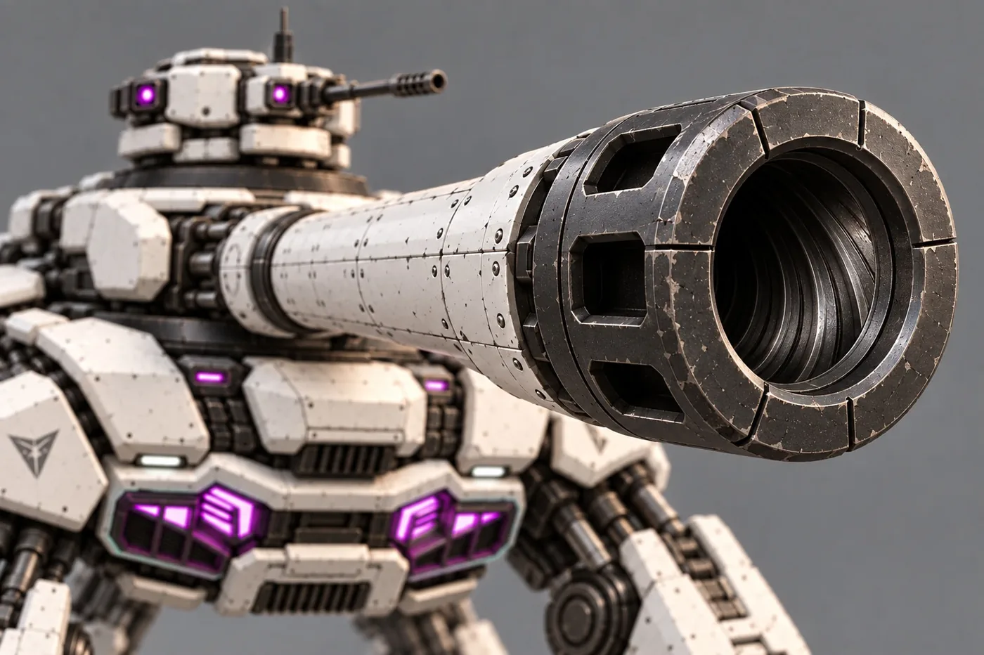 Concept art: down the hollow bore of the main cannon, with the cupola behind it.