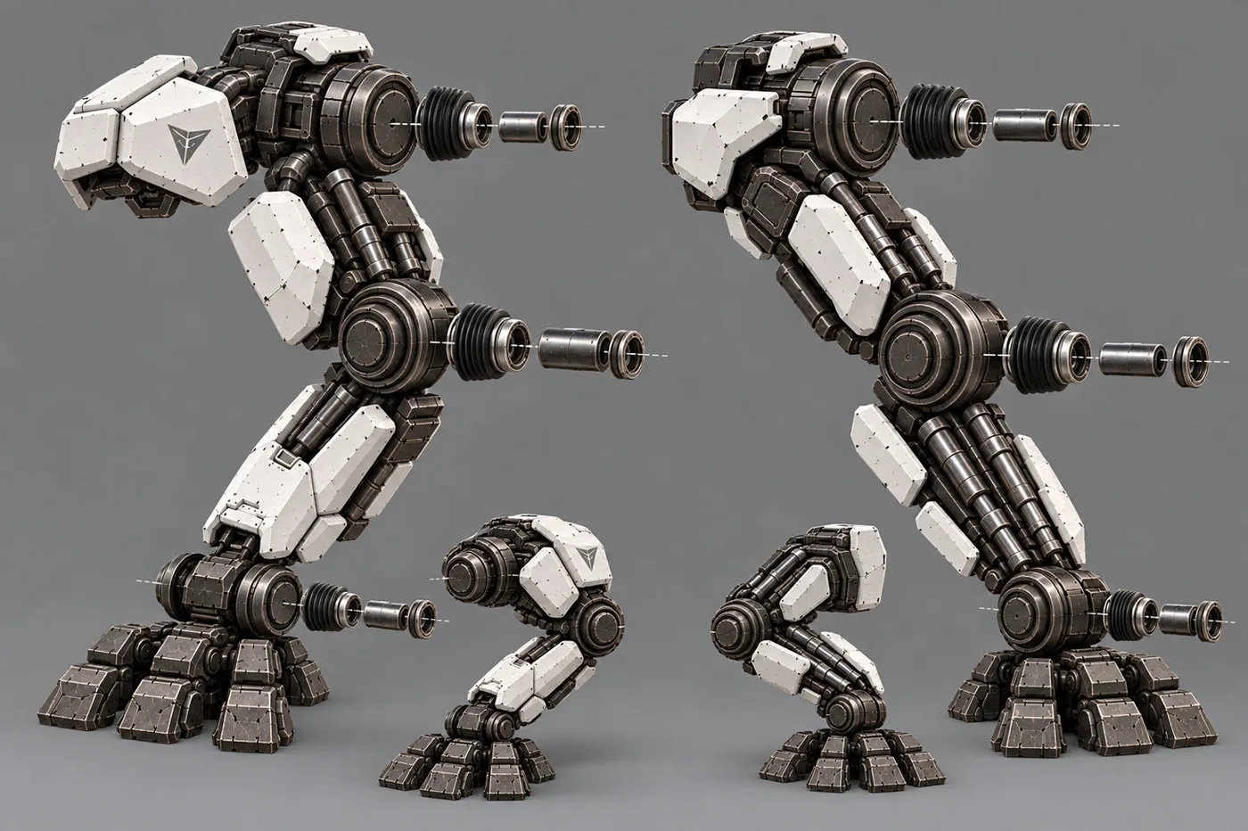 Concept art: the walker's armored front leg, exploded to show the drum joint and hydraulic rods.
