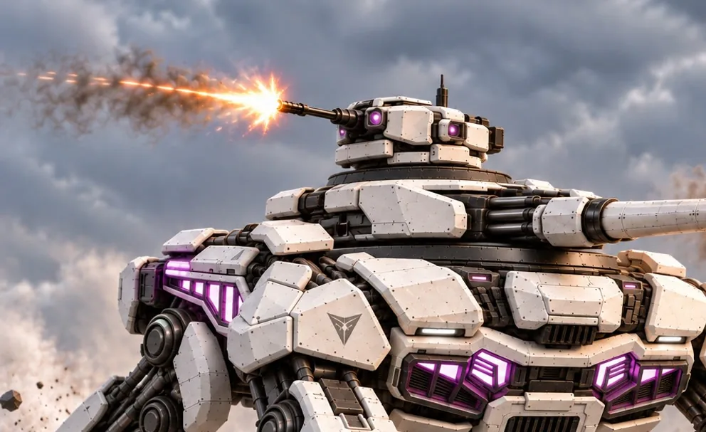 Concept art: the upper-ring cupola autocannon firing over the main cannon.