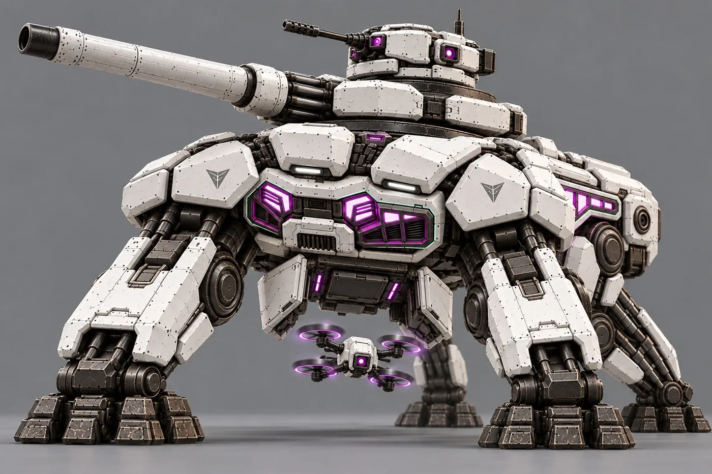 Concept art: a scout drone dropping from the walker's belly bay between the front legs.