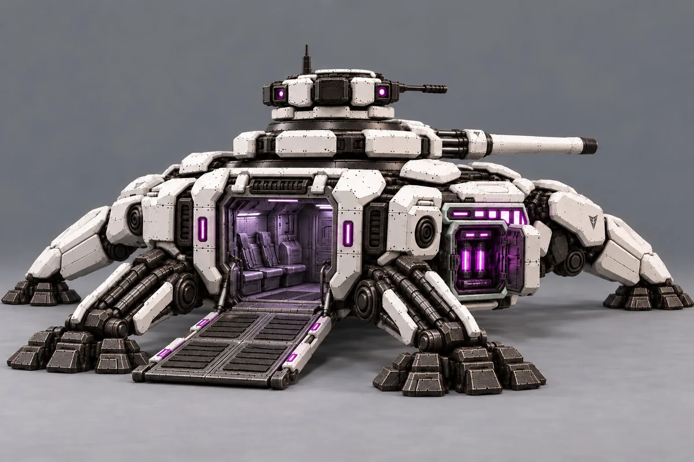 Concept art: the rear ramp lowered onto a lit crew compartment, with a glowing side service hatch.